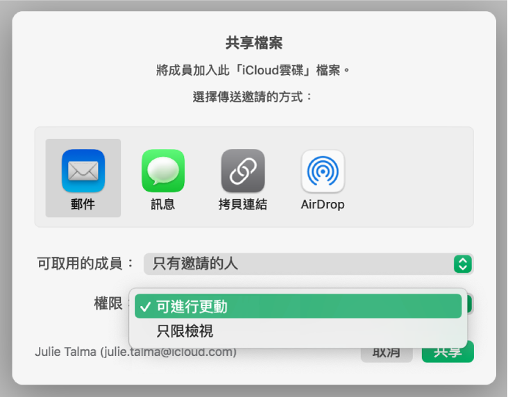 合作對話框的「共享選項」部分，開著「權限」彈出式選單，且選取「可進行更動」。