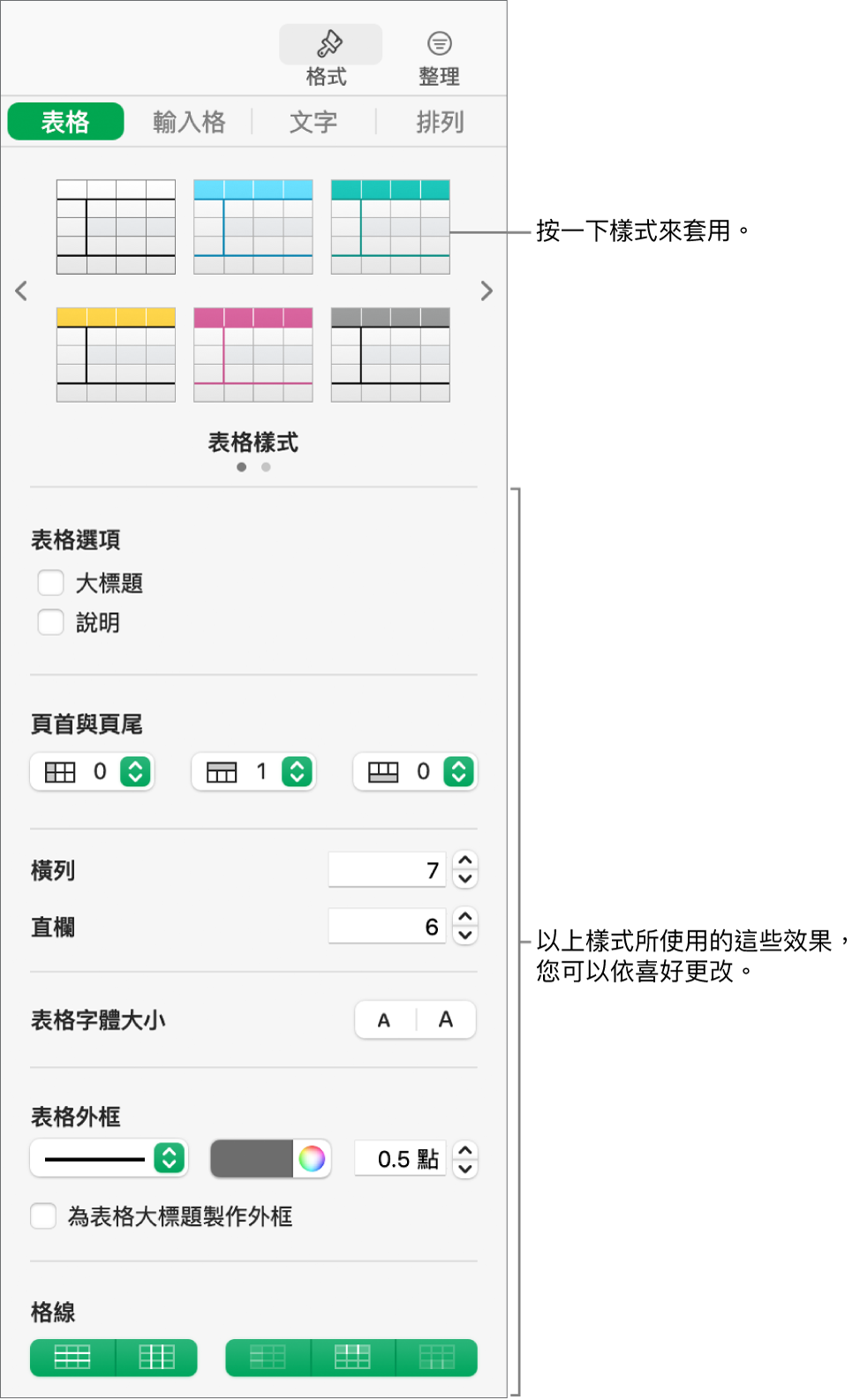 「格式」側邊欄顯示表格樣式格式選項。