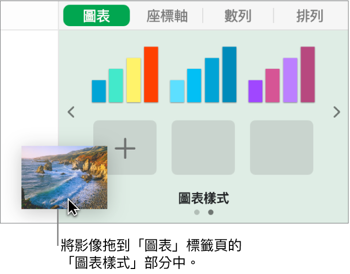 拖移影像至側邊欄中的圖表樣式部分以製作新樣式。