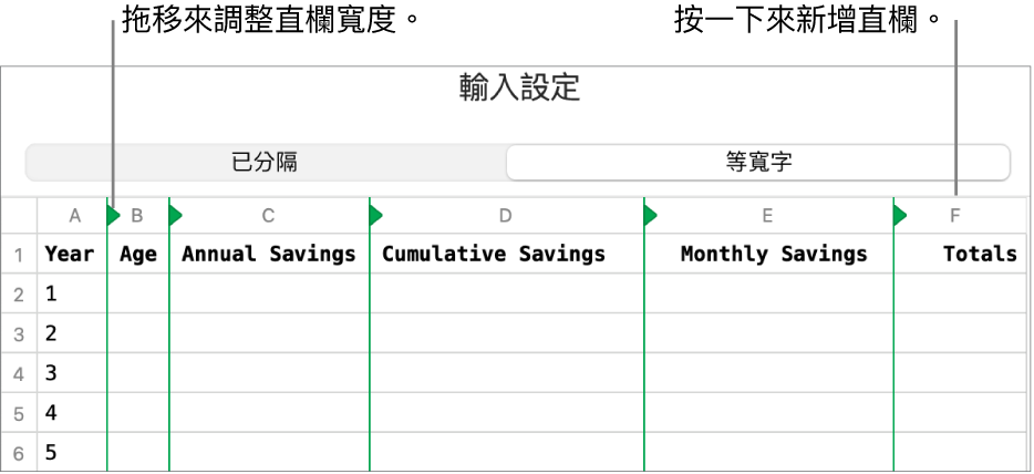 等寬文字檔案的輸入設定。