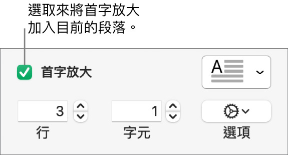 已選取「首字放大」註記框，其右方顯示彈出式選單；其下方顯示設定行高、字元數和其他選項的控制項目。