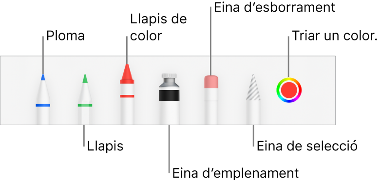 La barra d’eines de dibuix, amb una ploma, un llapis, un llapis de colors, l’eina d’emplenament, l’eina d’esborrament, l’eina de selecció i la paleta de colors que mostra el color actual. A sota de la paleta de colors hi ha el botó del menú Més.