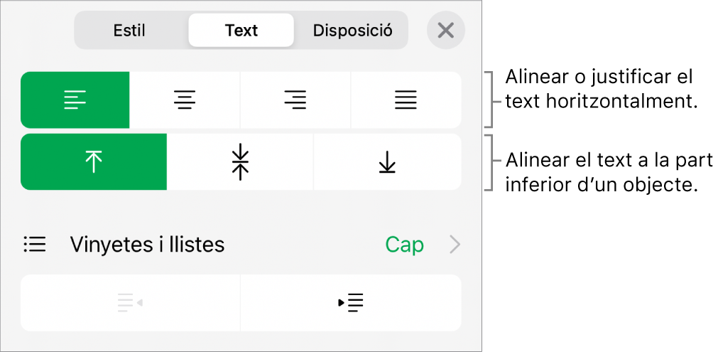 Secció Disposició de l’inspector de format amb referències als botons d’alineació i espaiat de text.