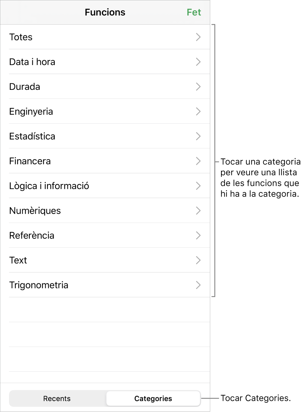 L’explorador de funcions amb el botó Categories seleccionat i la llista de categories a sota.
