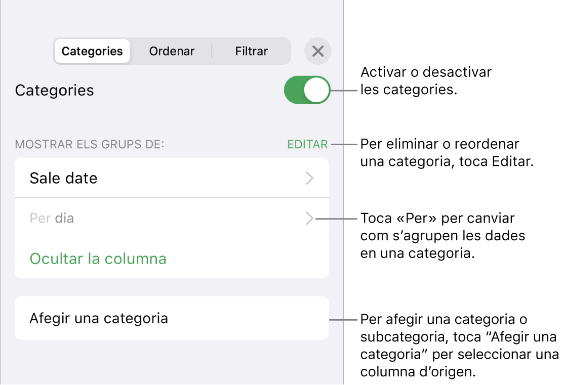 Menú Categories de l’iPhone amb opcions per desactivar categories, eliminar categories, agrupar dades, ocultar la columna d’origen i afegir categories.