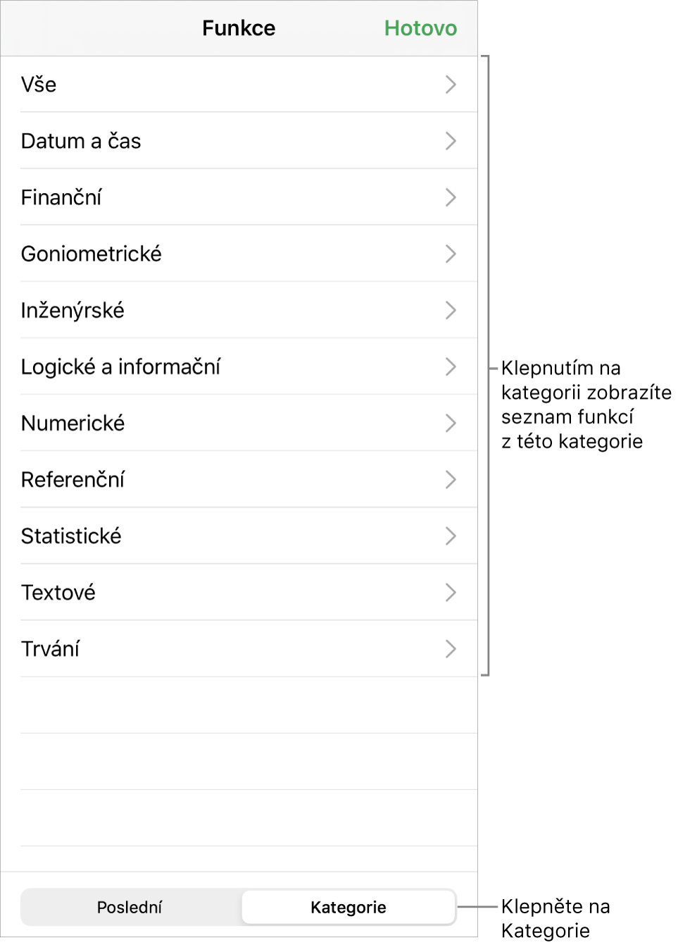 Prohlížeč funkcí s popiskem tlačítka Kategorie a seznamu kategorií