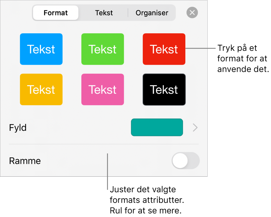 Fanen Format til menuen Format med figurformater øverst og derunder farvefeltet Fyld.