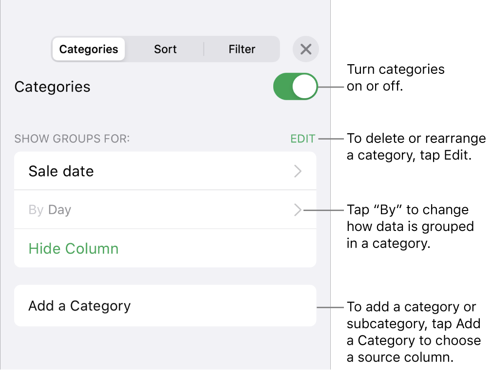 The Categories menu for iPhone with options for turning categories off, deleting categories, regrouping data, hiding a source column, and adding categories.