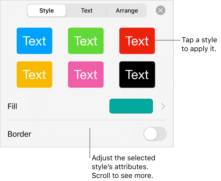 The Style tab of the Format menu with shape styles at the top and a fill color well below.