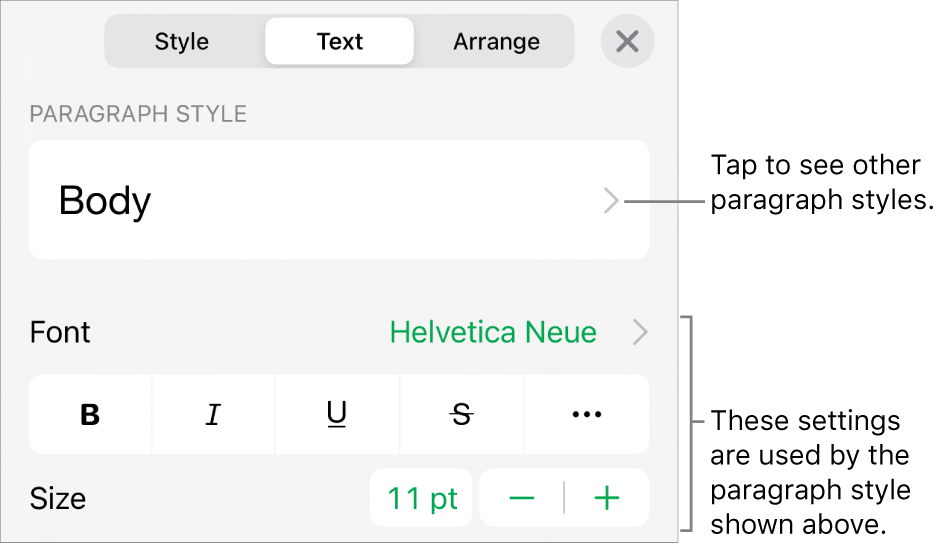 The Format menu showing text controls for setting paragraph and character styles, font, size, and color.