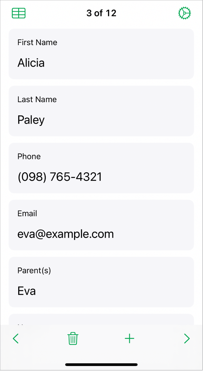 One record in a form with fields for name, phone number, email, and more. Also, controls to view the linked table, form setup mode, and switch between records are shown.