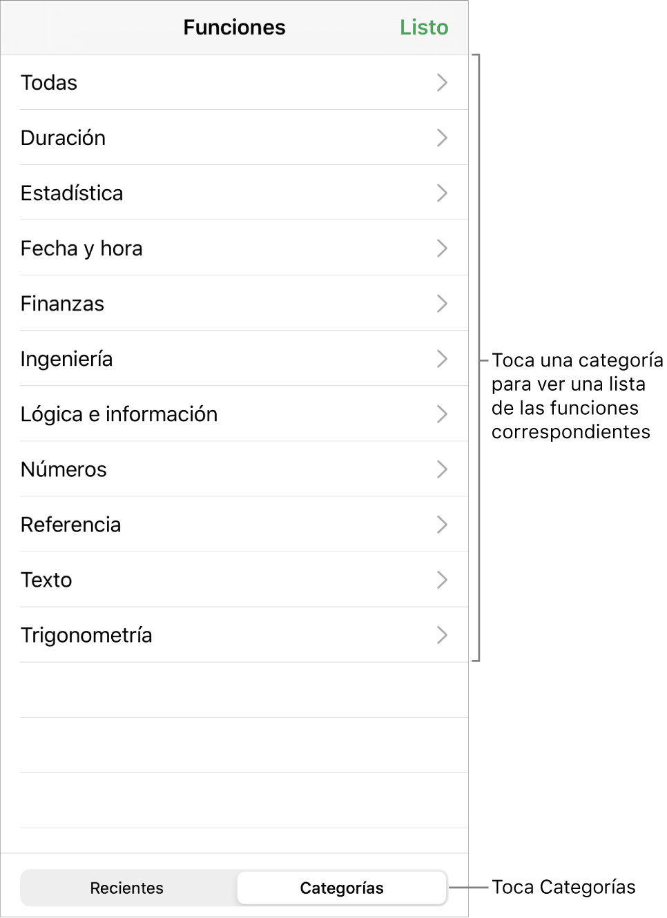 El explorador de funciones con el botón Categorías seleccionado y la lista de categorías debajo.