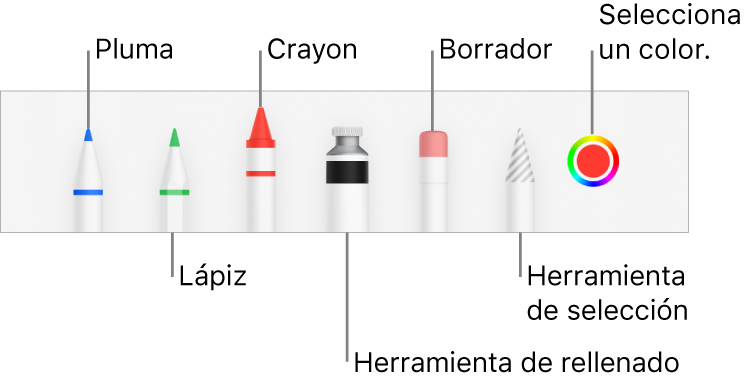 La barra de herramientas de dibujo con bolígrafo, lápiz, crayón, herramienta de rellenado, goma de borrar, herramienta de selección y la paleta de colores mostrando el color actual. El botón del menú Más está debajo de la paleta de colores.