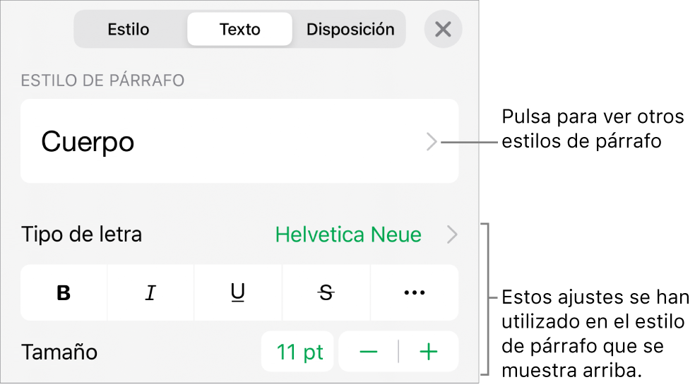 El menú Formato, que muestra controles de texto para configurar los estilos de párrafo y carácter, tipo de letra, tamaño y color.