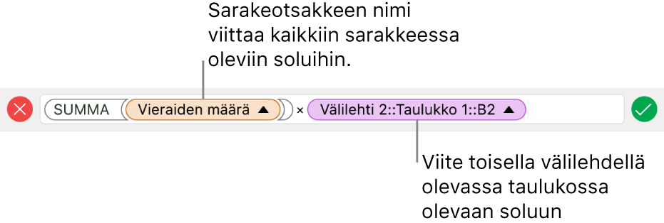 Kaavan muokkaaja, jossa näkyy kaava, joka viittaa yhden taulukon sarakkeeseen ja toisen taulukon soluun.