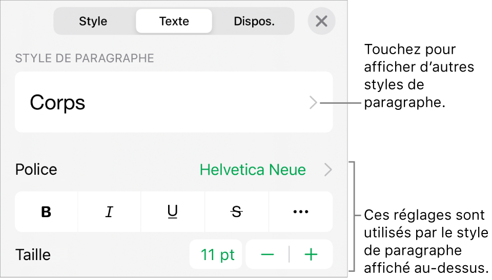 Menu Format avec commandes de texte permettant de définir les styles, la police, la taille et la couleur des paragraphes et des caractères.