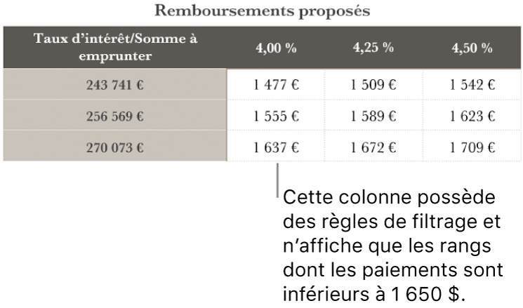 Un tableau d’emprunt après le tri en fonction des taux d’intérêt abordables.