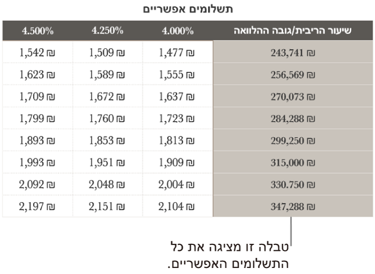 טבלת תשלומי משכנתא מוצגת, לפני הסינון לפי שערי רבית שניתן לעמוד בהם.