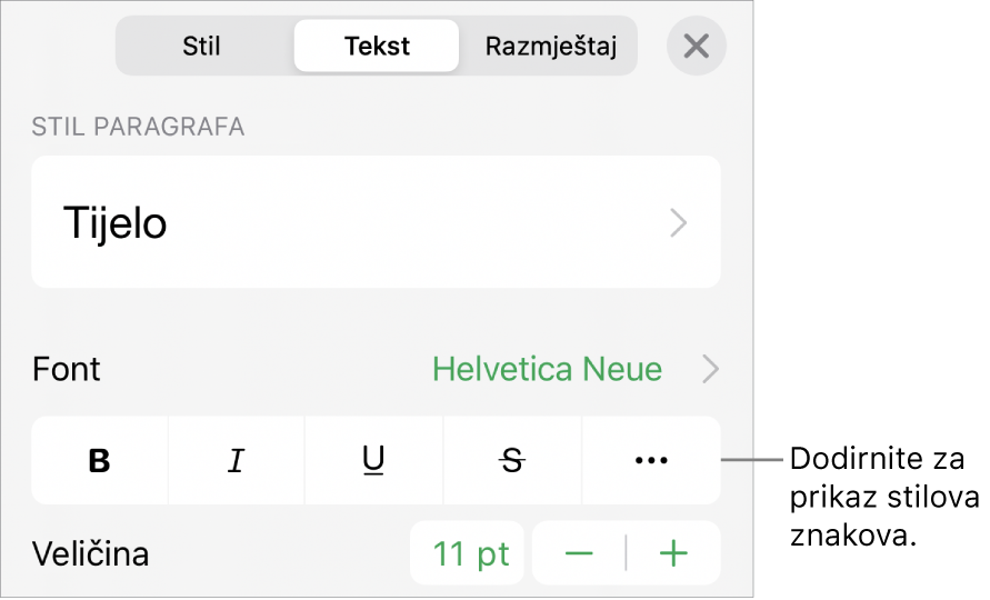 Kontrole opcije Formatiraj sa stilovima paragrafa pri vrhu, zatim kontrole Fonta. Ispod su tipke opcija teksta Podebljano, Kurziv, Podcrtavanje, Precrtavanje i Više.