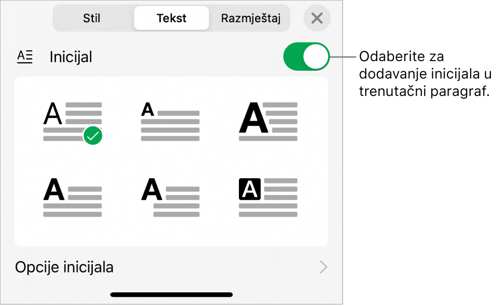 Kontrole opcija Inicijal koje se nalaze na dnu izbornika Tekst.