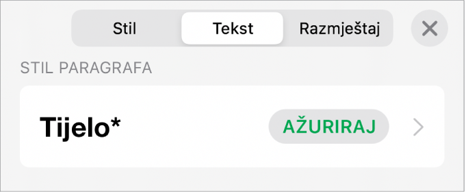 Stil paragrafa s asteriskom do njega i tipka Ažuriranja s desne strane.