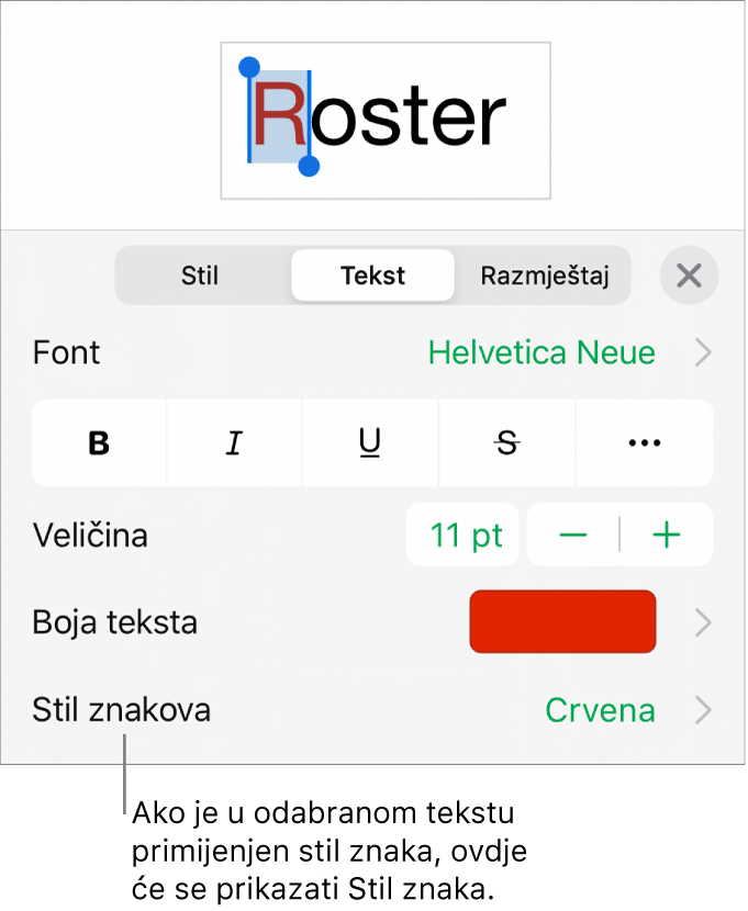 Kontrole za formatiranje teksta sa Stilom znaka ispod Kontrola boja. Stil znaka Bez javlja se s asteriskom.