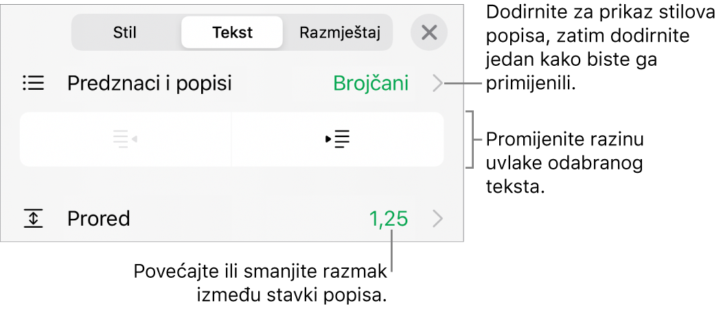 Odjeljak Predznaci i popisi kontrola formatiranja s oblačićima na Predznake i popise, tipke za izvlake i uvlake i kontrole razmaka između redaka.