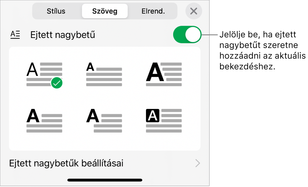 A Szöveg menü alján elhelyezkedő Iniciálé vezérlők.