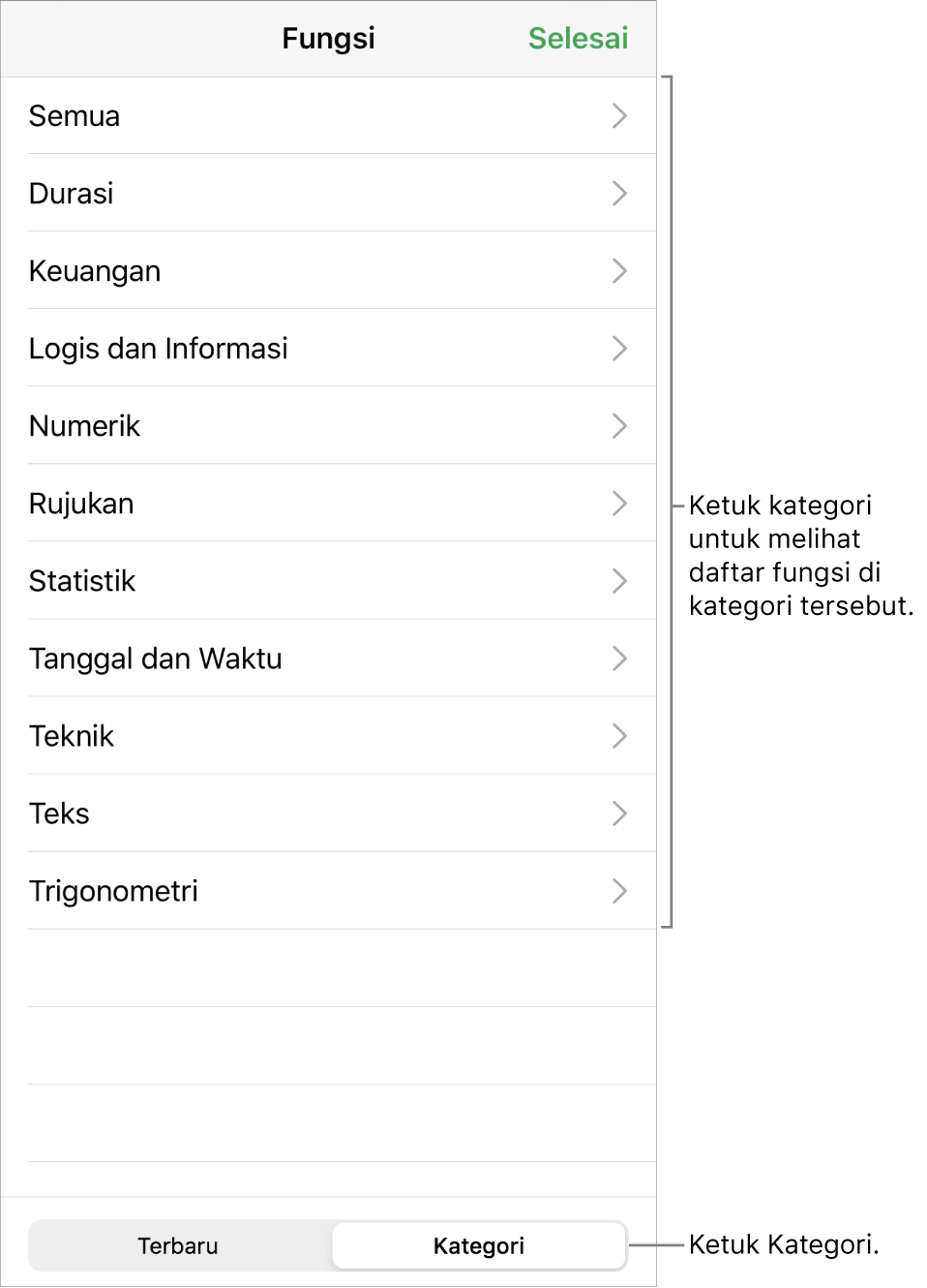 Browser Fungsi dengan keterangan untuk tombol Kategori dan daftar kategori.