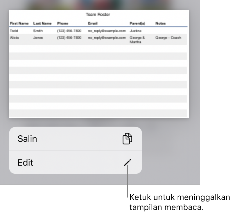Tabel dipilih, dan di bawahnya terdapat menu dengan tombol Salin dan Edit.
