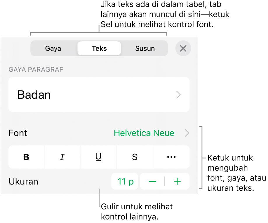 Kontrol teks di menu Format untuk mengatur paragraf dan gaya karakter, font, ukuran, dan warna.