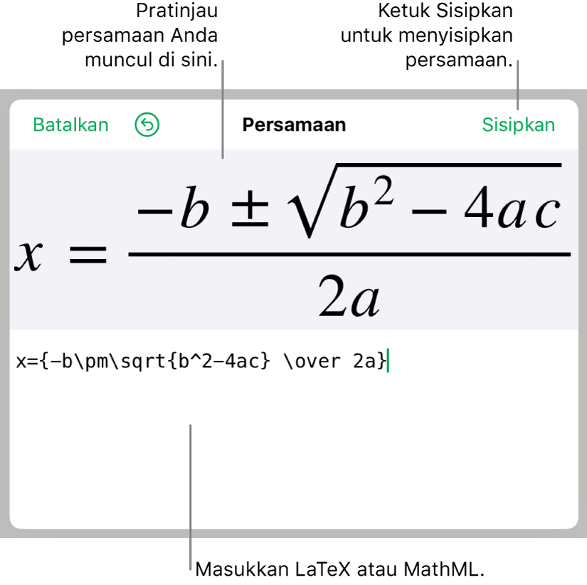 Formula kuadratik yang ditulis menggunakan LaTeX di bidang Persamaan, dan pratinjau formula di bawah ini.
