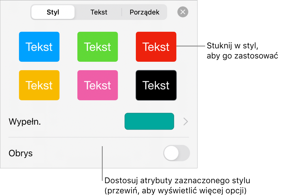 Karta Styl w menu Format, zawierająca na górze style kształtów, a poniżej pole koloru wypełnienia.