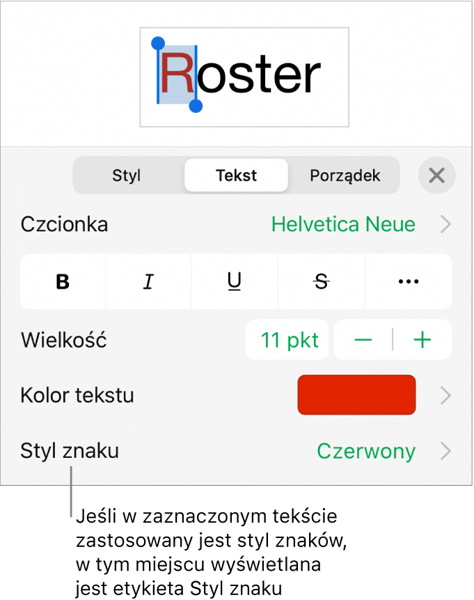 Narzędzia formatowania tekstu oraz menu stylów znaków widoczne poniżej narzędzi koloru. Styl znaków Brak wyświetlany jest z gwiazdką.