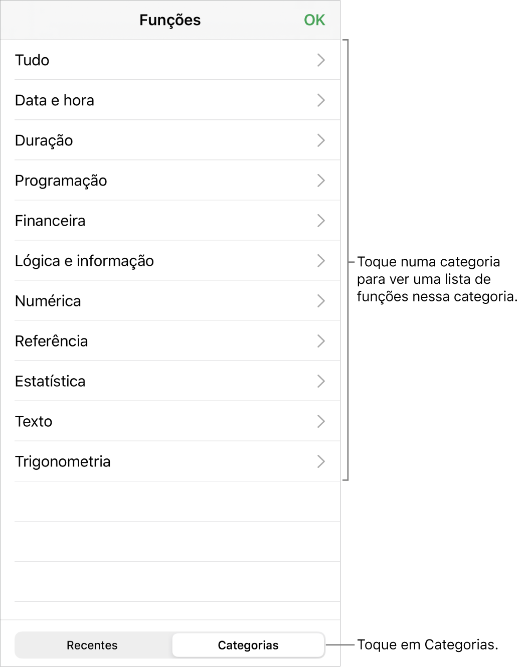 O navegador de funções com o botão Categorias selecionado e a lista de categorias por baixo.