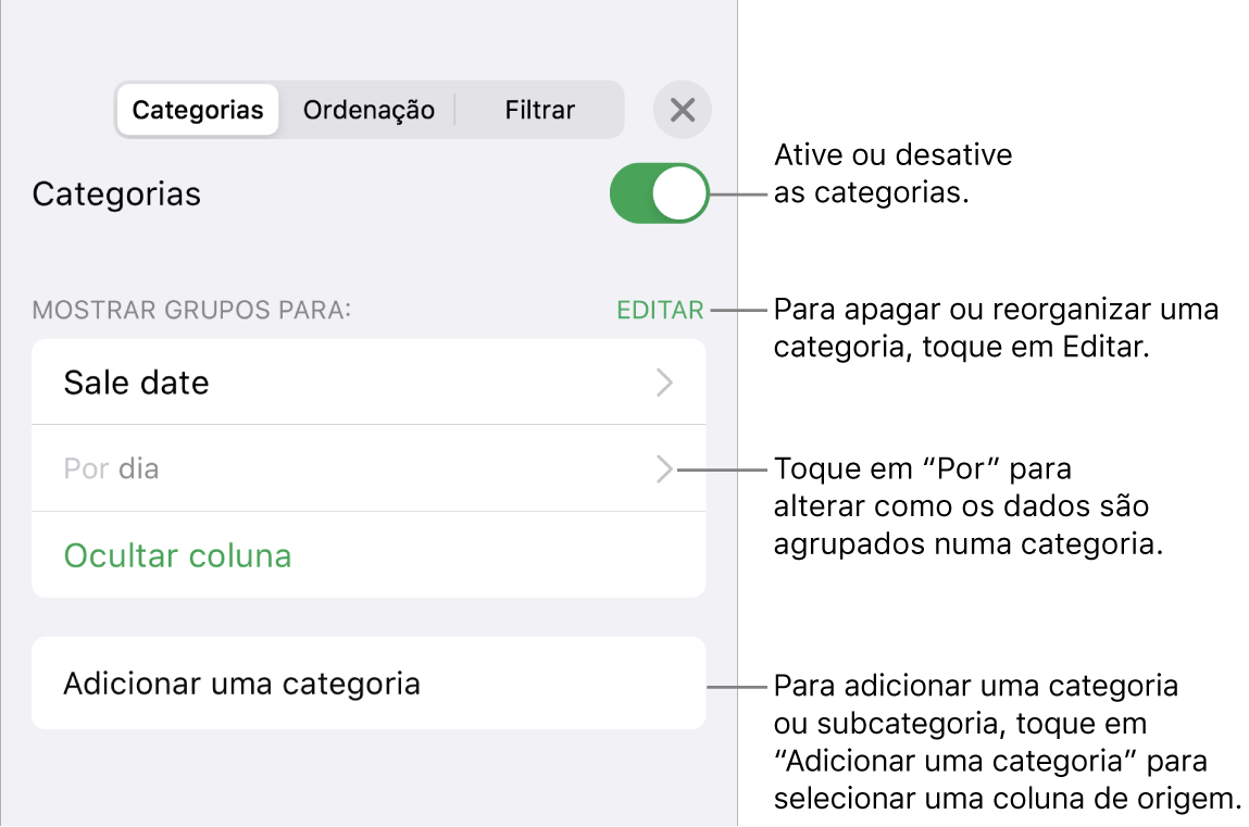 O menu Categorias para iPhone com opções para desativar as categorias, apagar categorias, reagrupar dados, ocultar uma coluna de origem e adicionar categorias.