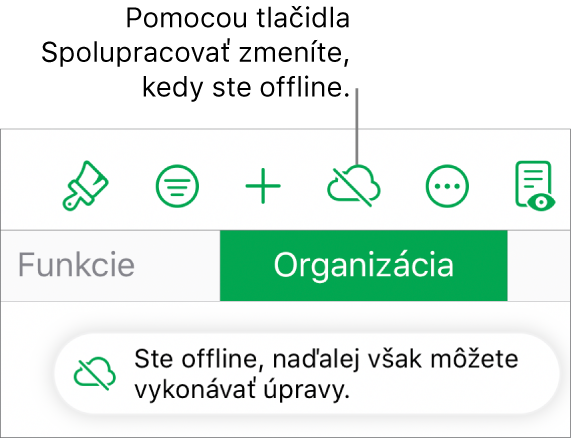 Tlačidlá sú v hornej časti obrazovky a tlačidlo Spolupracovať je zmenené na obláčik preškrtnutý zvislou čiarou. Upozornenie na obrazovke s oznámením Ste offline, ale naďalej môžete upravovať.