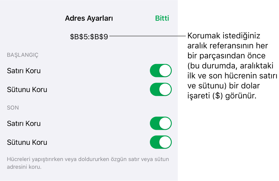 Hücre silindiğinde veya taşındığında hücrenin satır ve sütun referanslarının belirtilmesini sağlayan denetimler. Korumak istediğiniz aralık referansının her bir bölümünden önce bir dolar işareti görünür.