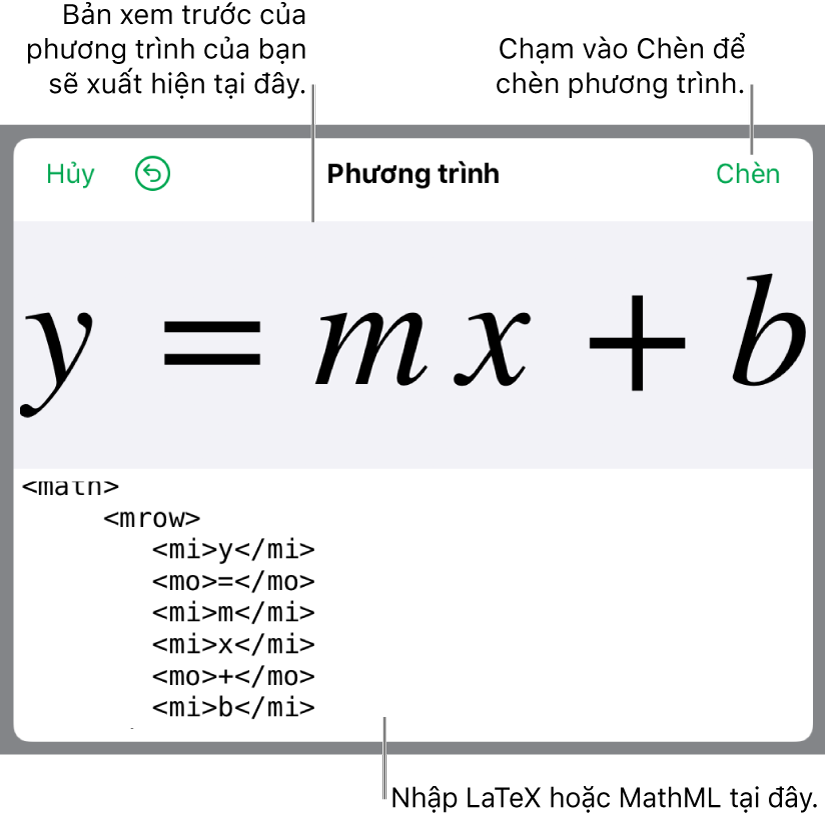 Mã MathML cho phương trình tính độ dốc của một đường và bản xem trước của công thức ở bên trên.