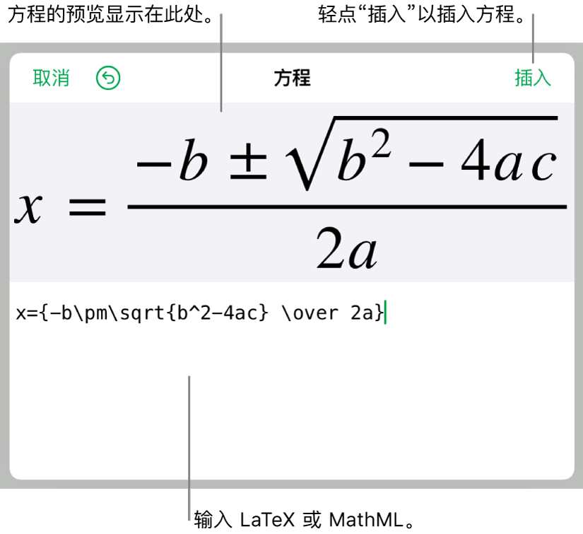 “方程”栏中使用 LaTeX 所写的二次公式以及下方公式的预览。