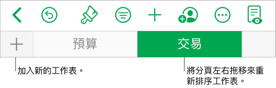 加入新工作表的分頁列，導覽、重新排列和重新整理工作表。
