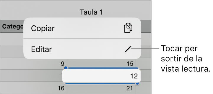 Se selecciona una cel·la de taula i a sobre s’hi pot veure un menú amb els botons Copiar i Editar.