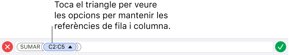 L’editor de fórmules, que mostra com mantenir les referències de fila i de columna quan es copia o es trasllada la cel·la.