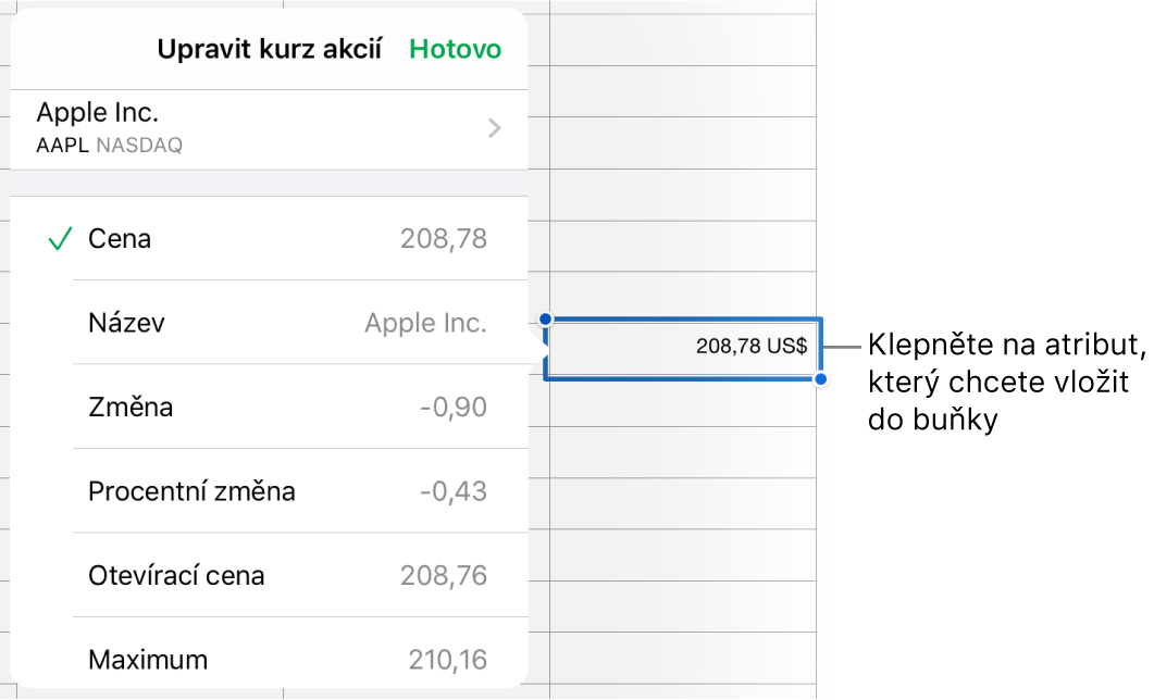 Překryvné okno kurzu akcií; v němž je nahoře vidět název akciového titulu a pod ním atributy akcií, které můžete vybrat – cena, název, změna, procentní změna, otvírací cena a nejvyšší cena
