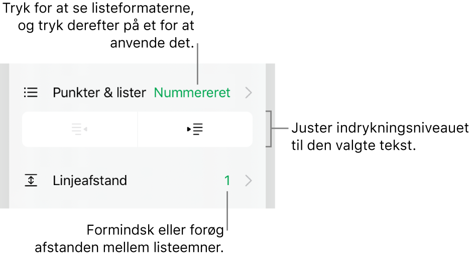 Området Punkter & lister under betjeningsmulighederne til format med billedforklaringer til Punkter & lister, knapperne Ryk ind og Ryk ud og betjeningsmulighederne til linjeafstand.