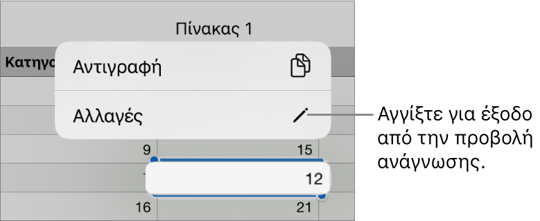 Ένα κελί πίνακα είναι επιλεγμένο και από πάνω του φαίνεται ένα μενού με κουμπιά «Αντιγραφή» και «Επεξεργασία».