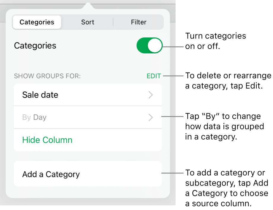 The Categories menu for iPad with options for turning categories off, deleting categories, regrouping data, hiding a source column, and adding categories.