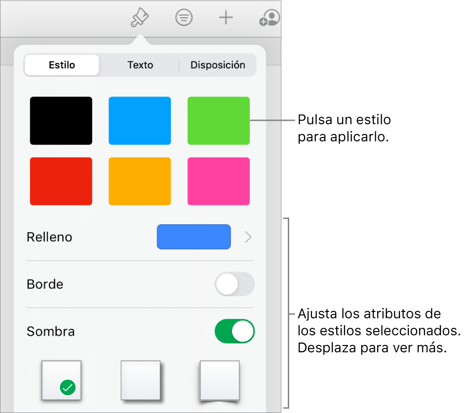 La ficha Estilo del menú Formato con estilos de figura en la parte superior y controles debajo para cambiar el relleno, el borde y la sombra.