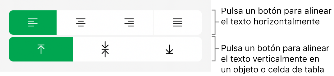 Botones de alineación horizontal y vertical para el texto.