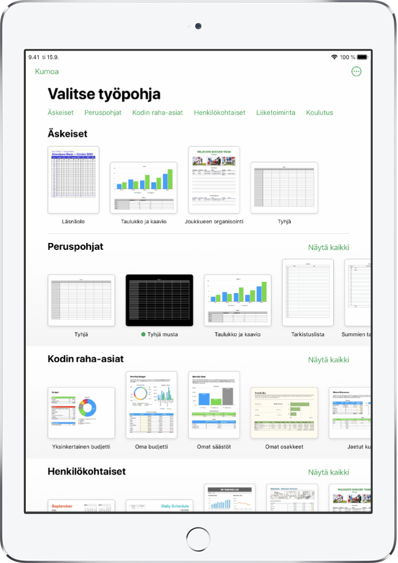 Työpohjan valitsin, jonka yläreunassa näkyy kategorioiden rivi, jota napauttamalla voidaan suodattaa vaihtoehtoja. Alla on esimääritettyjä työpohjia, jotka on järjestetty riveihin kategorian mukaan siten, että yläreunassa ovat äskeiset työpohjat ja niiden alla peruspohjat ja Kodin raha-asiat. Näytä kaikki -painike tulee näkyviin kunkin kategorian yläpuolelle oikealla. Kieli ja alue -painike on oikeassa yläkulmassa.